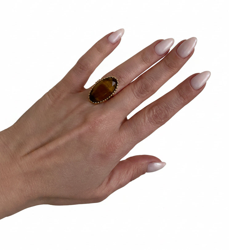 bague acier inoxydable réglable oeil de tigre , pierre de protection 